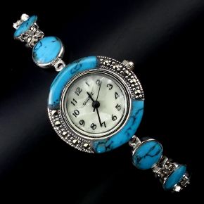 Часы серебро 925 с натуральными аризонской бирюзой и марказитами УЦЕНКА