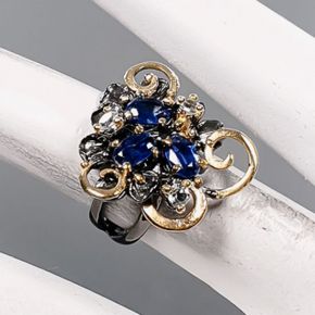 Авторское кольцо из серебра 925 с натуральными кианитами и голубыми топазами, покрытия в 2 тона
