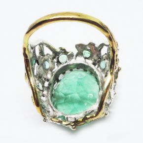 Авторское кольцо серебра 925 с натуральным зеленым флюоритом и бразильскими изумрудами, оттеночное золочение желтое золото