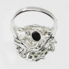 Кольцо серебра 925 с натуральным темным опалом кабошоном, гранатом , аметистом и хромдиопсидами, покрытие 2 тона