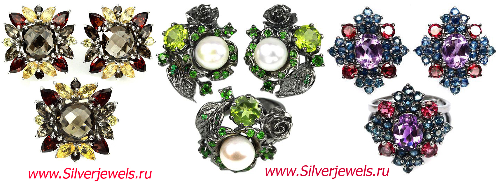 серебряные украшения silverjewels.ru гарнитуры с натуральными камнями