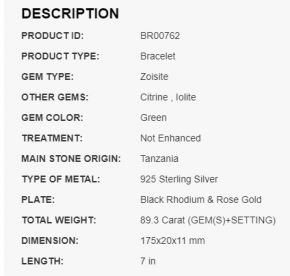 Авторский браслет из серебра 925 с натуральным цоизитом кабошоном, цитринами и иолитами, родирование в 2 тона