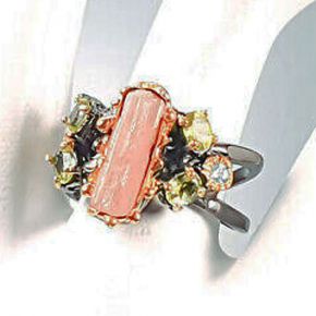 Авторское кольцо из серебра 925 с натуральным розовым турмалином  руж,  хризолитами и топазами, родирование в 2 тона