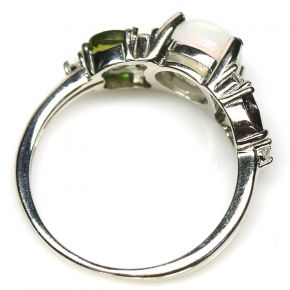 Кольцо серебро 925 с натуральным радужным опалом и цветными турмалинами, белый родий
