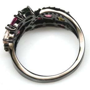 Кольцо из серебра 925 с натуральными  цветными турмалинами и фианитами. черный родий