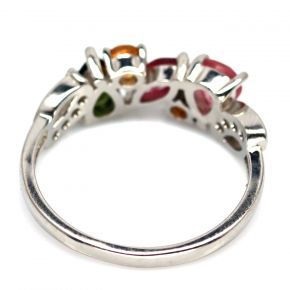 Кольцо из серебра 925 с натуральными  цветными турмалинами и   фианитами с белым родированием