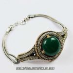 Браслет серебро-бронзовый с зеленым агатом в османском стиле